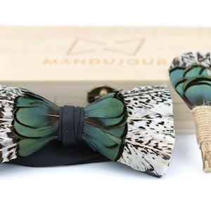 Charlotte Eggnog Green Feather Bow Tie & Lapel pin set - Mandujour Handmade gift for men