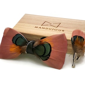 Brown Kiwi Feather Bow Tie with Feather Lapel Pin Set - Mandujour Handmade