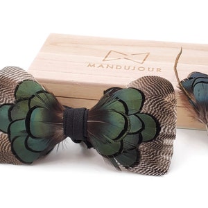 Pheasant and Turkey Feather Bow Tie  with Feather Lapel Pin Set - Mandujour Handmade