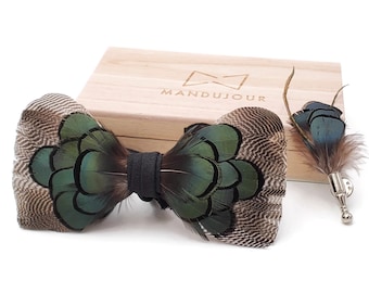 Pheasant and Turkey Feather Bow Tie  with Feather Lapel Pin Set - Mandujour Handmade