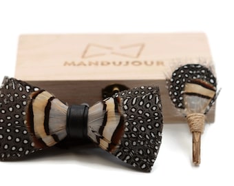 Guinea brown feather bow tie & lapel pin set - Mandujour Handmade