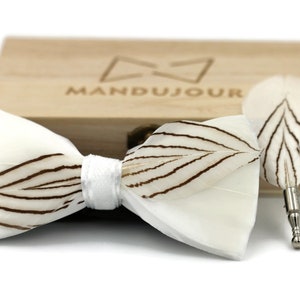 White Silver Pheasant Feather Bow Ties lapel Pin Set - Mandujour Handmade