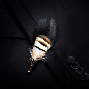 May include: A black and white feather with a brown stripe is pinned to a black fabric background. The feather is attached to a metal pin.
