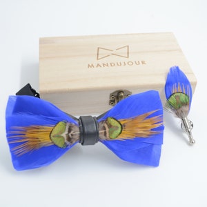 Blue Peacock Feathers Bow Ties lapel Pin Set - Mandujour Handmade