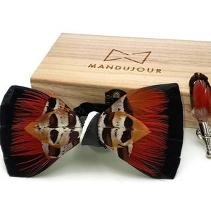 Exotic Konga Feather Bow Tie with Feather Lapel Pin Set - Mandujour Handmade gift for men