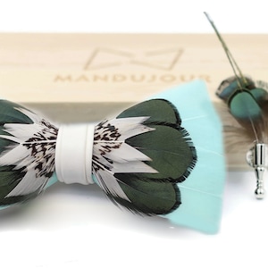 Teal Duck Feather Bow Tie with Feather Lapel Pin Set - Mandujour Handmade