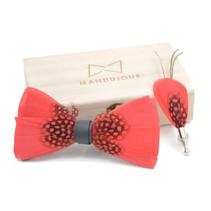 Red Black Guinea Fowl Feather Bow tie & lapel pin set -- Mandujour Handmade bow ties
