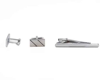 Andrew Chrome Rectangular Cuff-Links and Tie Clip Set