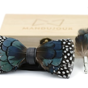 Handmade Polka Dot Pheasant Feather Bow Tie Lapel Pin Set