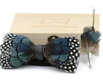 Handmade Polka Dot Pheasant Feather Bow Tie Lapel Pin Set