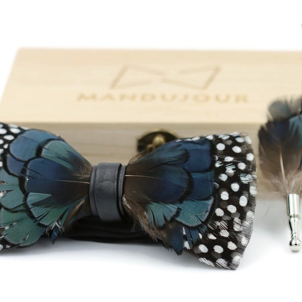 Handmade Feather bowtie - Polka-dot Blueish Pheasant Feathers Bow Ties lapel Pin Set - Mandujour Handmade