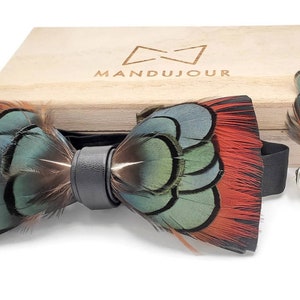Pheasant greenish orange accents Feather Bow Tie & Lapel pin set - Mandujour Handmade