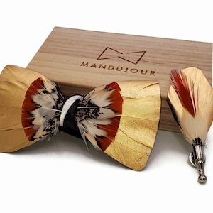 Golden Feather Bow Tie with Feather Lapel Pin Set - Mandujour Handmade