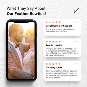 May include: A couple poses for a photo wearing a feather bowtie. The image includes five-star reviews with text about the bowtie's quality and customer service.