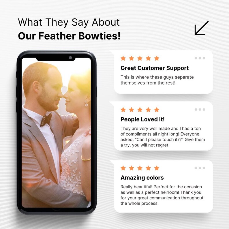 May include: A couple poses for a photo wearing a feather bowtie. The image includes five-star reviews with text about the bowtie's quality and customer service.