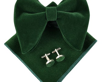 Pre-Tied Oversized Velvet Bow Tie Cufflinks & Pocket Square gift Set - Mandujour Handmade