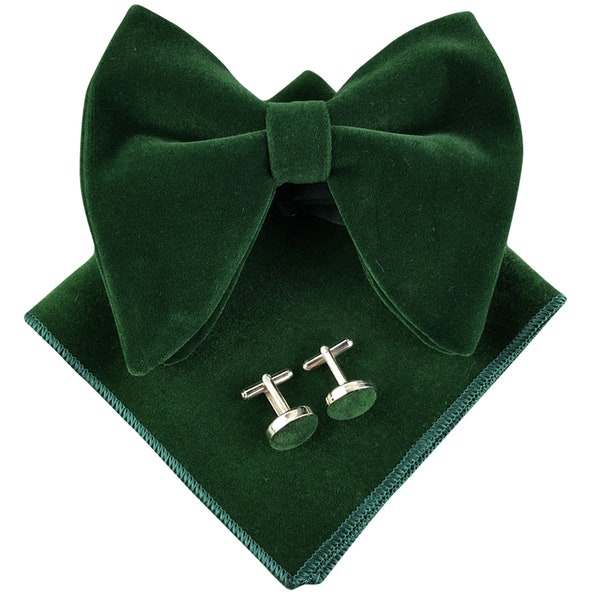 Pre-Tied Oversized Velvet Bow Tie Cufflinks & Pocket Square gift Set - Mandujour Handmade