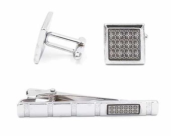 Christopher Chrome and Gray Square Cuff-Links and Tie Clip Set