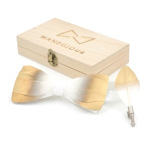 Gold and White Bird Feathers Bow Ties lapel Pin Set - Mandujour Handmade gift
