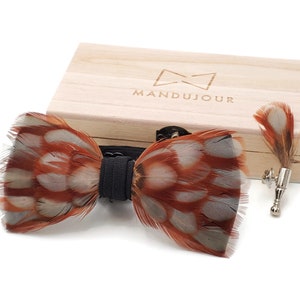 Burgundy Gray  Feather Bow Tie Lapel Pin Set - Mandujour Handmade gift for men