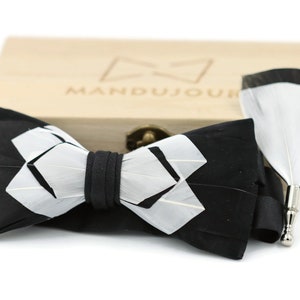 Handmade Feather bowtie - Black and white exotic Feathers Bow Ties lapel Pin Set - Mandujour Handmadebow tie men