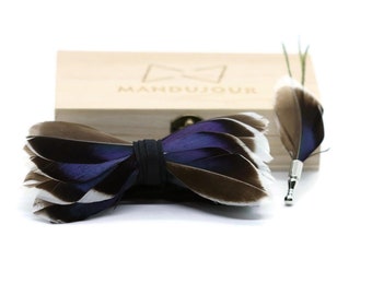 All Duck Feather Bow Tie  with Feather Lapel Pin Set