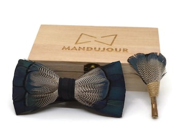 Handmade Denver Blues Feather Bow Tie & Lapel Pin Set - Unique Gift for Men by Mandujour