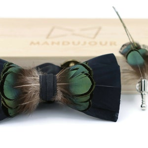 Handmade Feather bowtie - Green on Black Feather Bow Tie  with Feather Lapel Pin Set - Mandujour Handmade