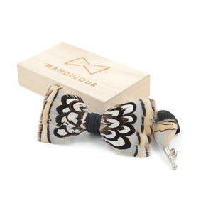 Tribal Guinea brown Feather bow tie lapel pin set -- Mandujour Handmade Bow Ties
