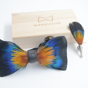 Multicolored Peacock Feathers Bow Ties lapel Pin Set - Mandujour Handmade