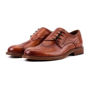 May include: A pair of brown leather brogue shoes with lace-up closures. The shoes have a wingtip design and a perforated pattern.