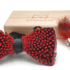 Red and Black PolkaDot Feather Bow Tie and Lapel Pin set - Mandujour Handmade gift for men