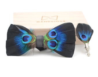 Handmade Feather bowtie - Peacock Midnight Eye Black Feather Bow Tie & Lapel pin set - Mandujour Handmade giftbow tie men