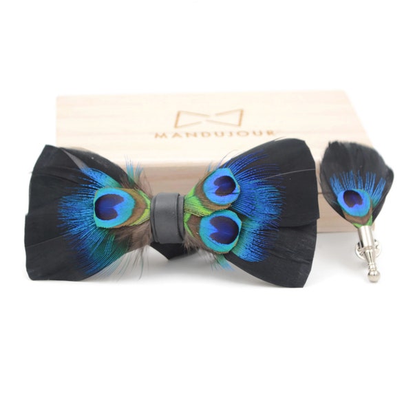 Handmade Feather bowtie - Peacock Midnight Eye Black Feather Bow Tie & Lapel pin set - Mandujour Handmade giftbow tie men