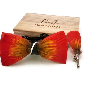 Exotic Mango Feather Bow Tie with Feather Lapel Pin Set - Mandujour Handmade