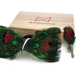 Exotic Lucky Feather Bow Tie with Feather Lapel Pin Set