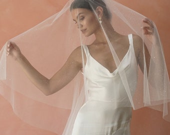 ST007 Drop Veil Two Tier Glitter Veil, Sparkle Tulle Veil Silver Glitter, Long Sparkly Wedding Veil for Modern Brides, Soft Shimmer Veil