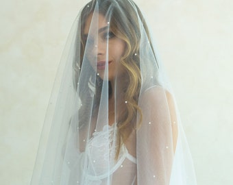 ST005 Pearl Wedding Veil, Drop Veil with Small Pearls, Long Two Tier Bridal Veil with Pearls for Modern Brides in Bridal White and Ivory