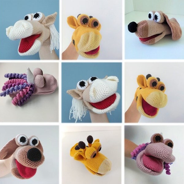 Crochet Pattern Hand Puppets Bundle includes Dog Hand Puppet, Giraffe Hand Puppet, Unicorn Hand Puppet and Horse Hand Puppet, Cute DIY Gift