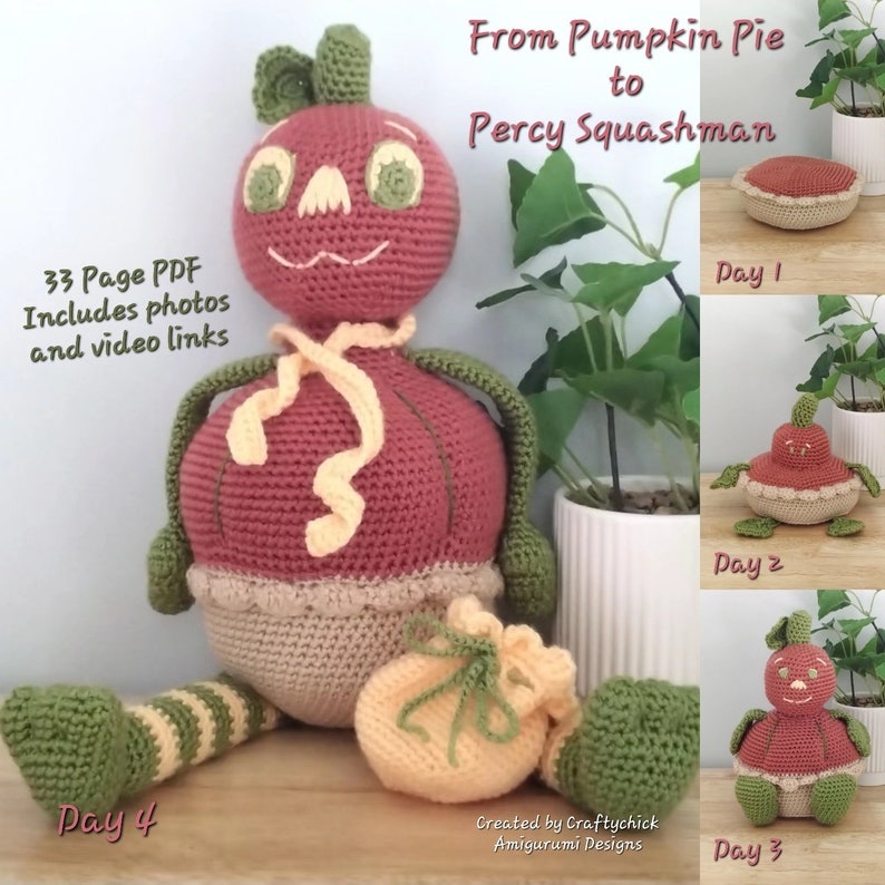 Percy Squashman Halloween Crochet Toy Pattern, Amigurumi PDF, Pumpkin Pie Man, Thanksgiving Pie, Percy Squashman story PDF included image 1