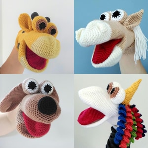 Crochet Puppet Patterns, Bundle includes Dog Hand Puppet, Giraffe Hand Puppet, Unicorn Hand Puppet and Horse Hand Puppet, English PDF.