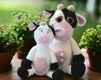 Crochet Cow Pattern set, Amigurumi Cow family, Bubbles and Dot pattern bundle, Easy to follow, Instant download, softies, farm amimal, PDF,