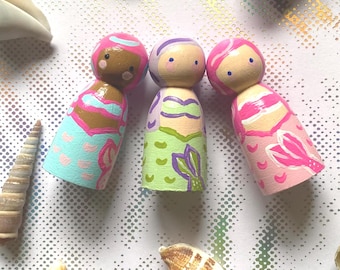 Mermaid Peg Dolls: Set of 3 Hand Painted Wooden Summer Dollhouse Dolls