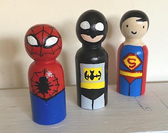 Superhero Peg Toys: Hand Painted Wooden Action Figures