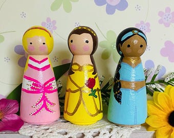 Tall Princess Peg Dolls: Hand Painted Wooden Pretend Play Toys