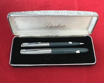 Vintage Parker 51 Set in Navy Grey with Frosted Lustraloy Caps