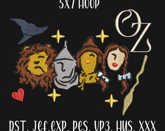 May include: Embroidered design of the Wizard of Oz characters, including the Cowardly Lion, Tin Man, Scarecrow, and Dorothy. The design is for a 5x7 hoop and includes the text "Oz" and "DST, Jef, exp, pes, UP3, HUS, XXX".