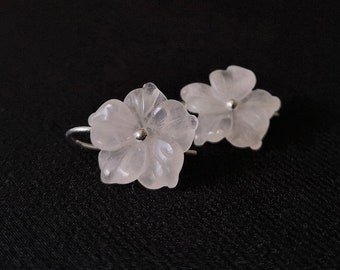 Natural rose quartz earrings, hand carved pink gemstone flowers, sterling silver earrings, dainty minimalist floral earrings, gift for her
