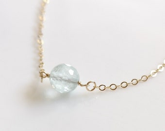 Natural aquamarine necklace, March birthstone, single bead blue gem crystal, dainty 14k gold filled layering necklace, elegant gift for her