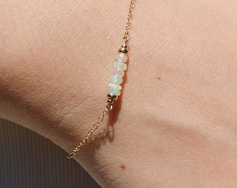 Natural 0pal bracelet, October birthstone Ethiopian Welo fire opal, 14k gold filled, dainty gemstone bar bracelet, minimalist jewelry, gift